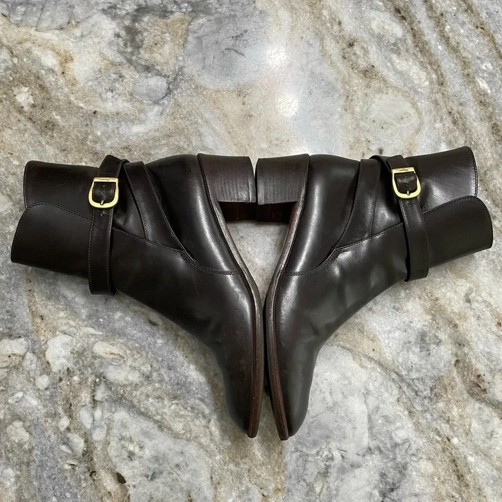 Salvatore Ferragamo Brown Leather Ankle Heeled Boots Size 6B Gold Buckle Detail